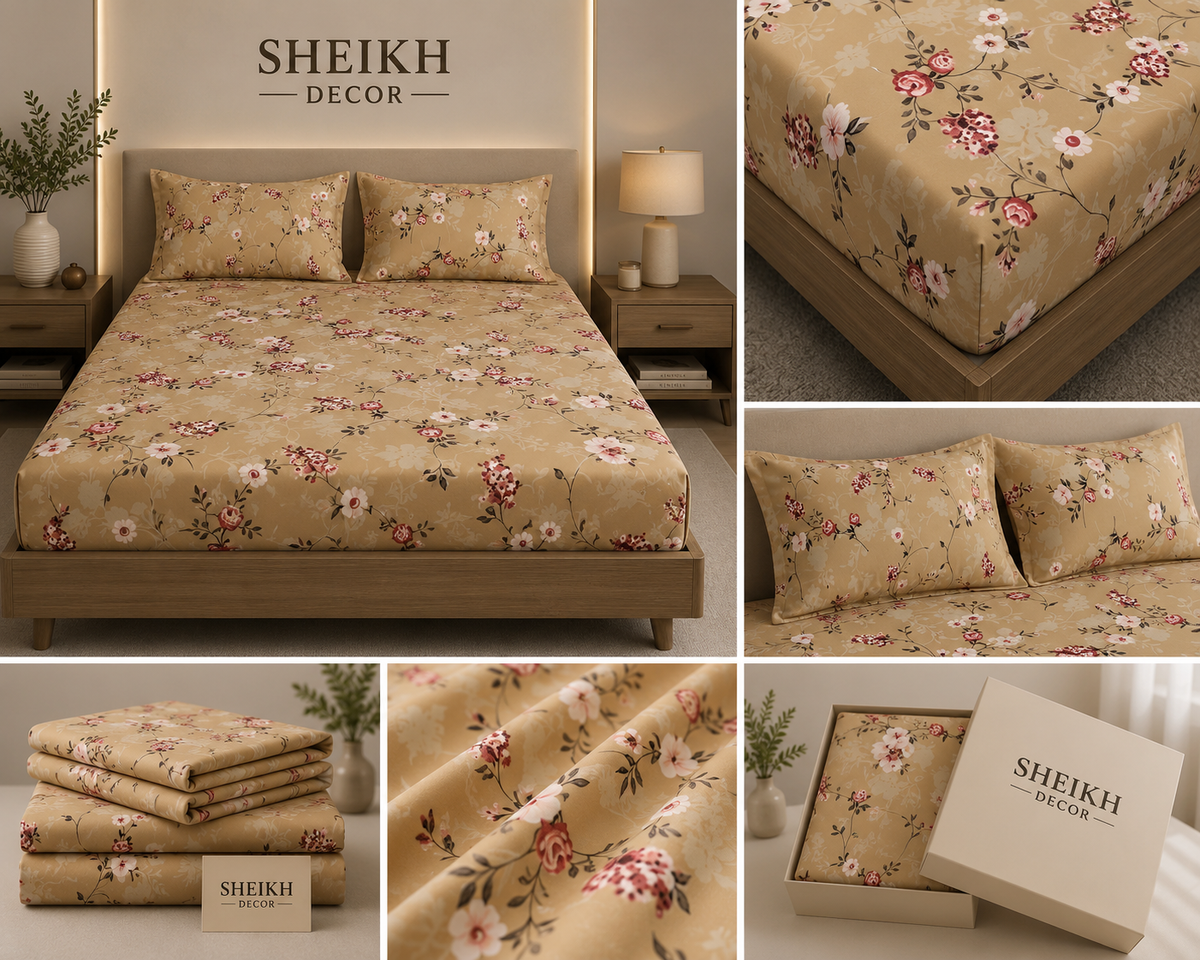 Sheikh Decor Premium Cotton Fitted Bedsheet Set – King Size | Soft & Breathable