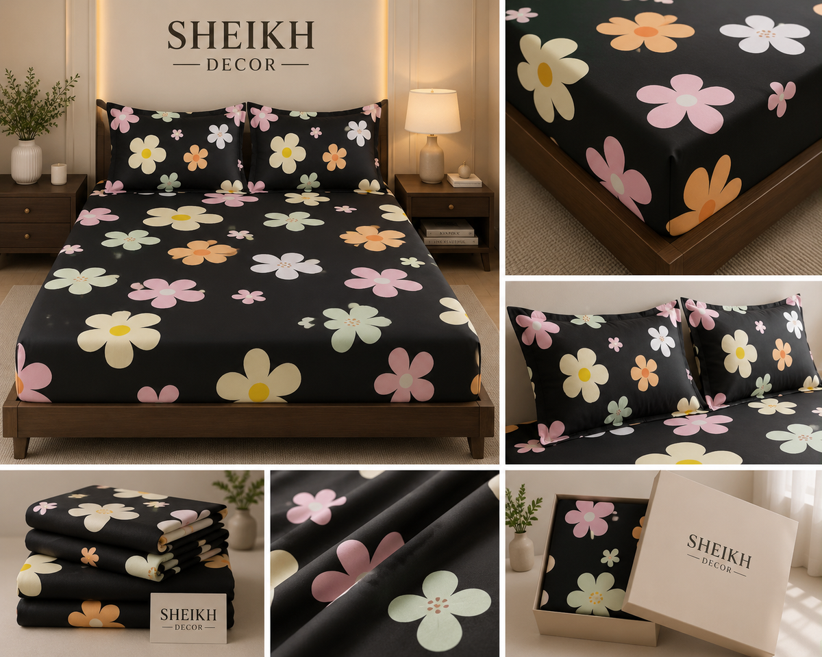 Sheikh Decor Premium Cotton Fitted Bedsheet Set – King Size | Soft & Breathable