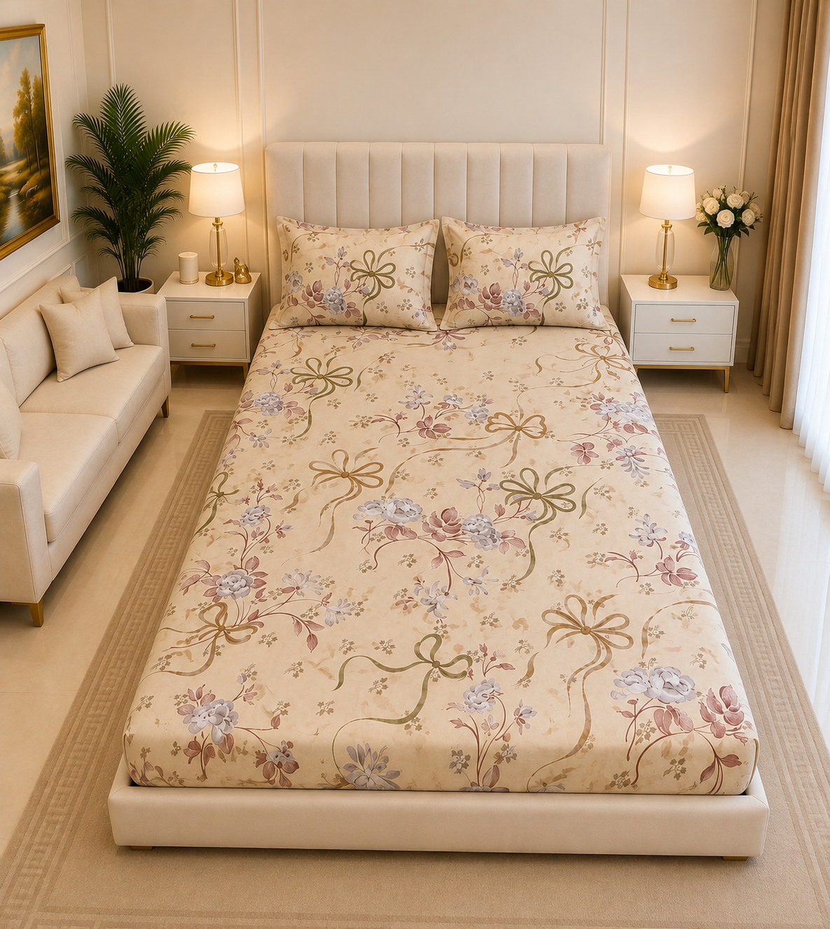 Sheikh Decor Premium Cotton Fitted Bedsheet Set – King Size | Soft & Breathable