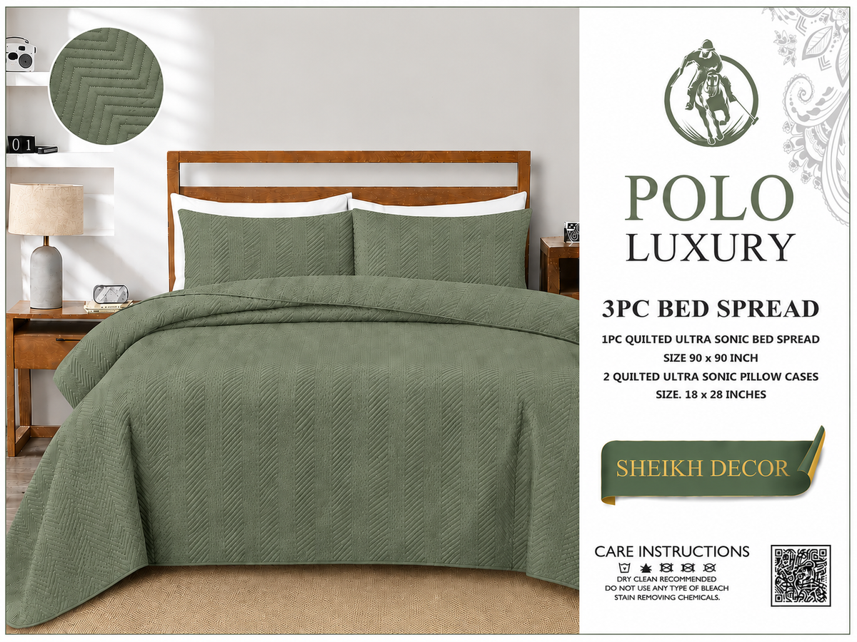 Sheikh Decor Polo Luxury Cotton Quilted Bedspread Set – 3 Piece | King Size (90 × 90 Inches)