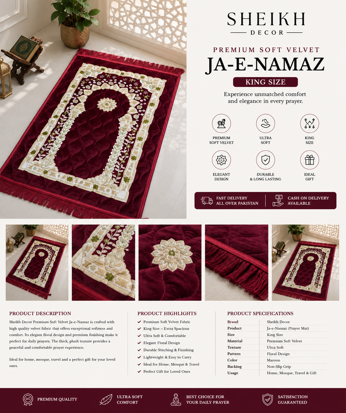 Sheikh Decor Premium Soft Velvet Ja-e-Namaz – Maroon Floral Design | King Size Prayer Mat