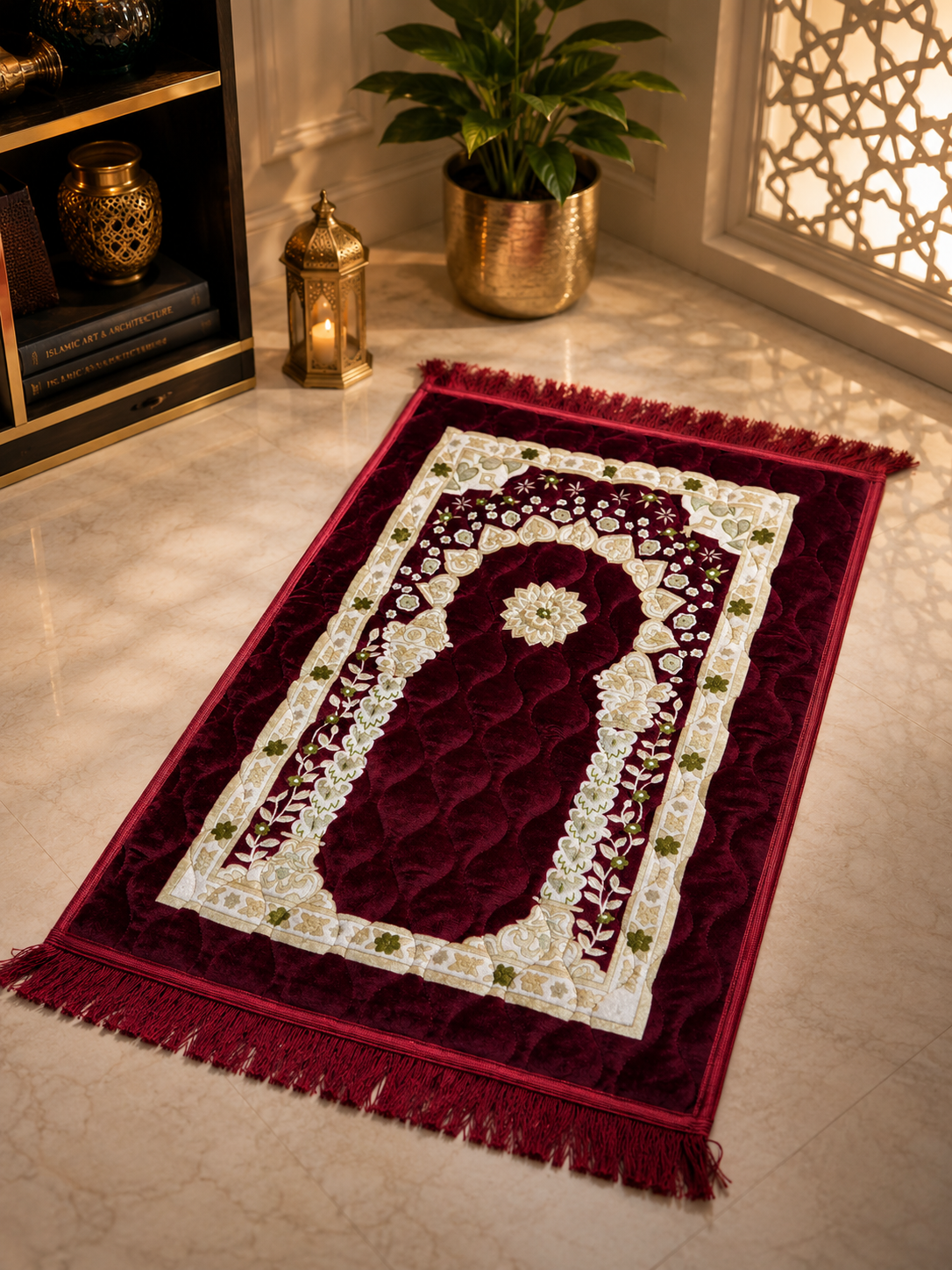 Sheikh Decor Premium Soft Velvet Ja-e-Namaz – Maroon Floral Design | King Size Prayer Mat