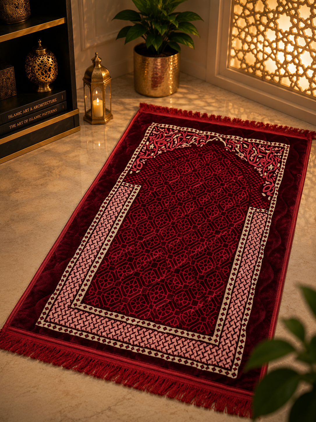 Sheikh Decor Premium Soft Velvet Ja-e-Namaz – Maroon Mandala Luxury Edition | King Size Prayer Mat
