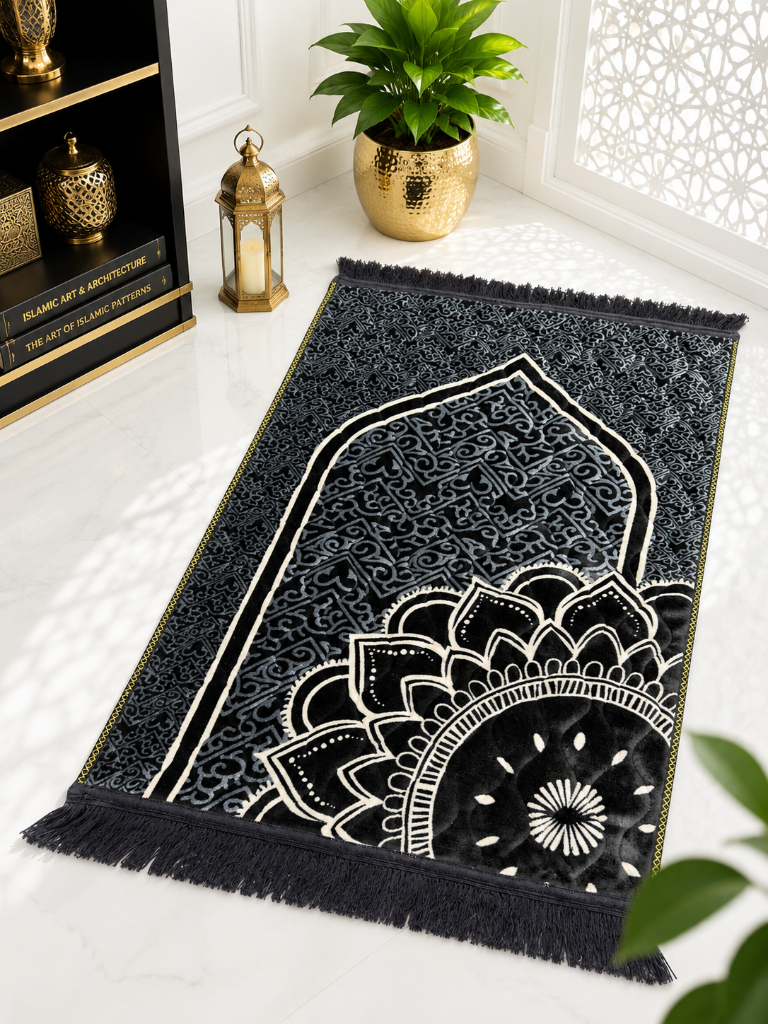 Sheikh Decor Premium Soft Velvet Ja-e-Namaz – Black Mandala Luxury Edition | King Size Prayer Mat