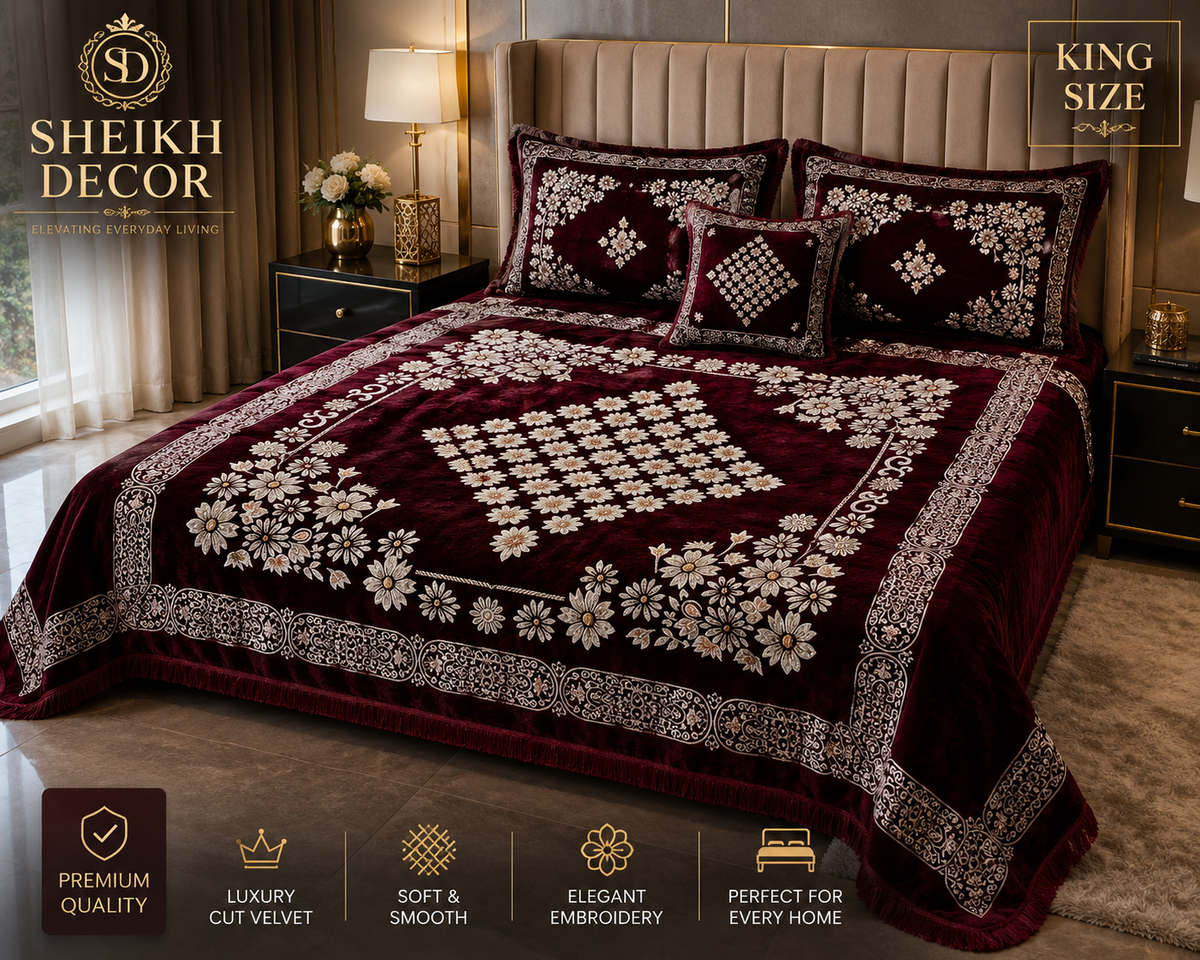 Sheikh Decor Luxury Floral Bridal Bedsheet Set – Premium Cut Velvet | King Size 4 Pcs