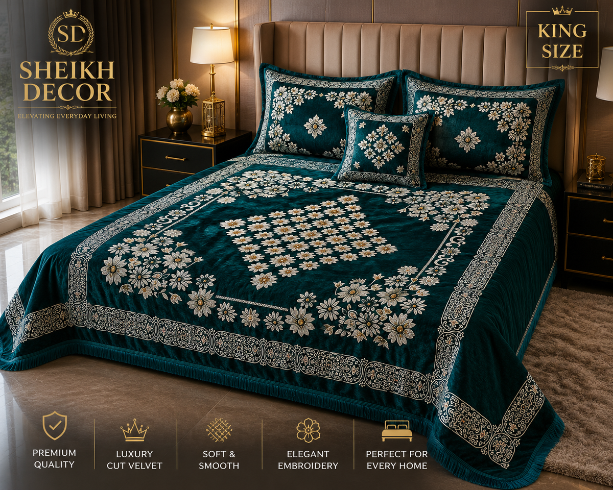Sheikh Decor Luxury Floral Bridal Bedsheet Set – Teal Premium Cut Velvet | King Size 4 Pcs
