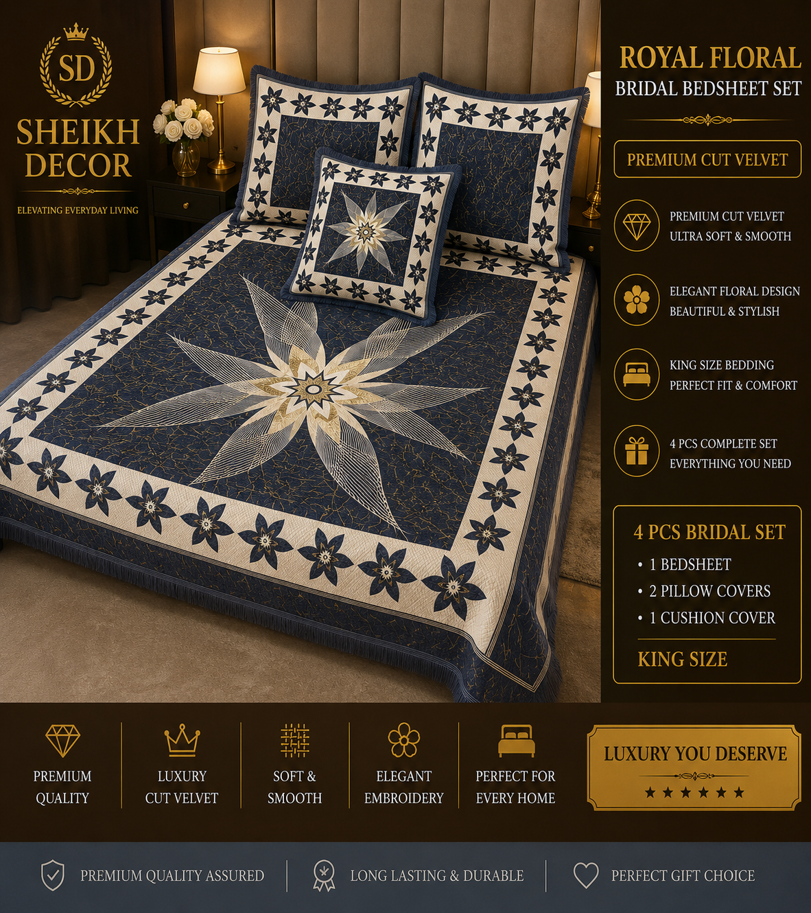 Sheikh Decor Royal Floral Cut Velvet Bridal Bedsheet Set – Navy Blue | King Size | 4 PCS