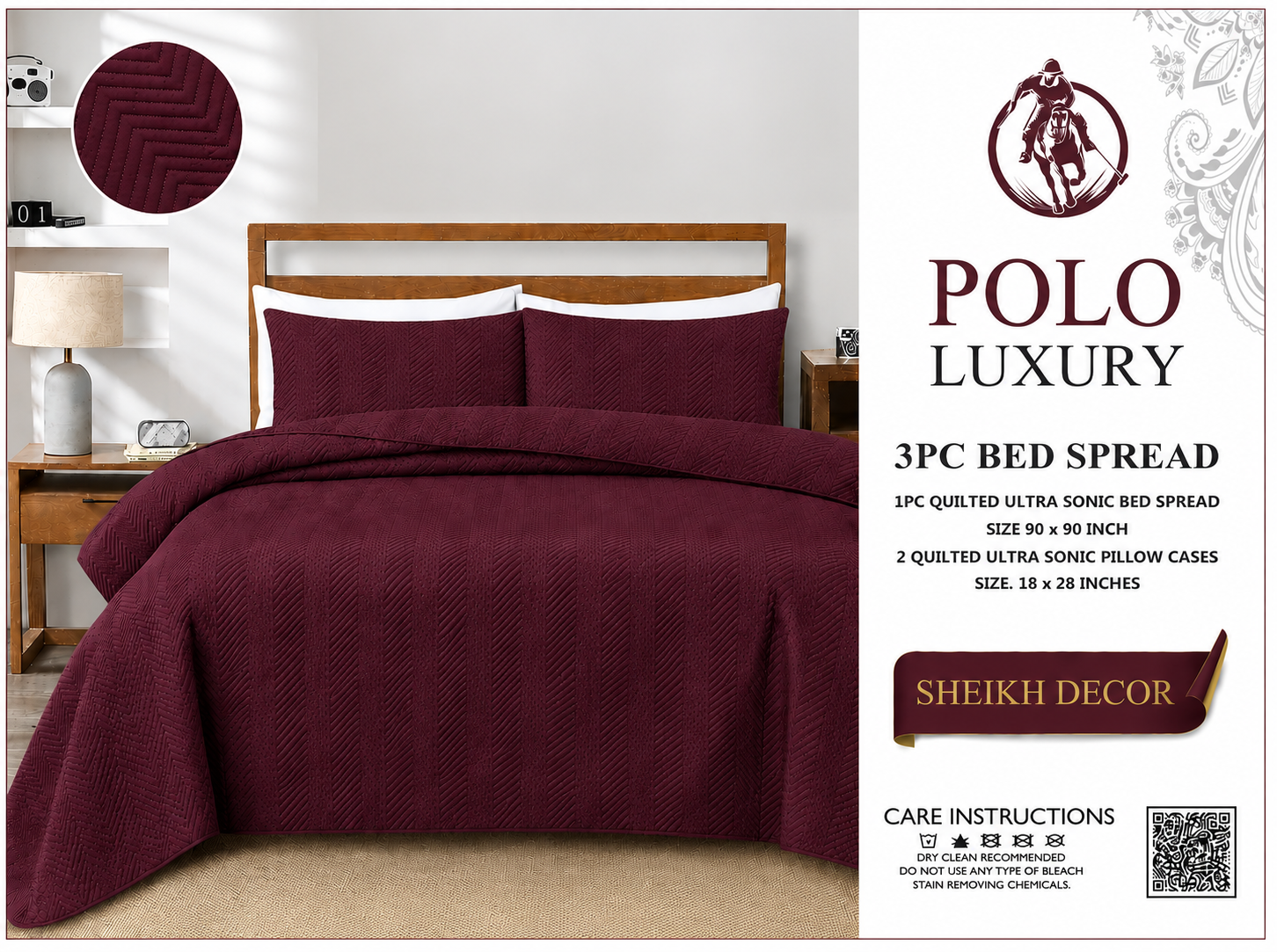 Sheikh Decor Polo Luxury Cotton Quilted Bedspread Set – 3 Piece | King Size (90 × 90 Inches)