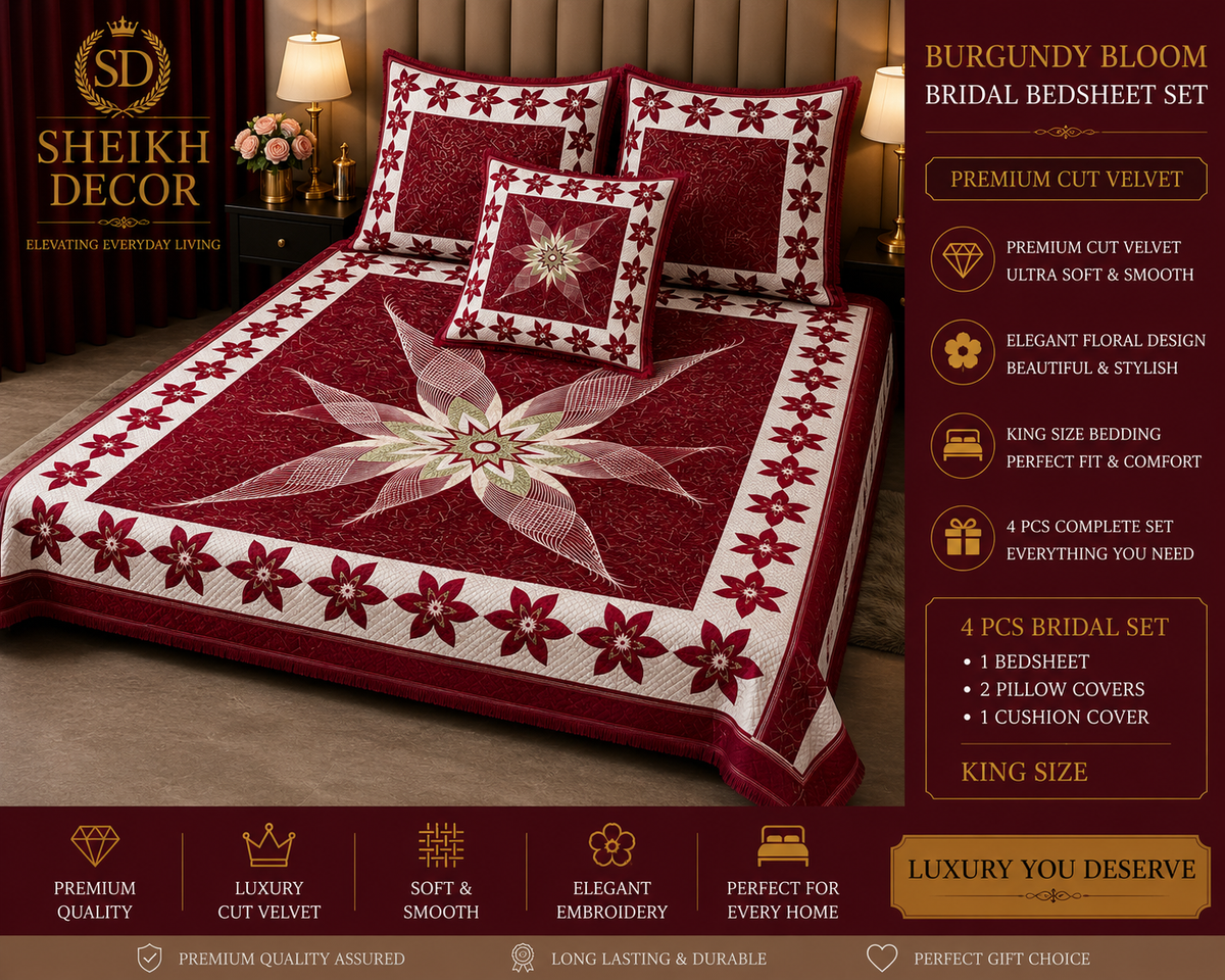 Sheikh Decor Burgundy Blossom Cut Velvet Bridal Bedsheet Set – King Size (4 PCS)