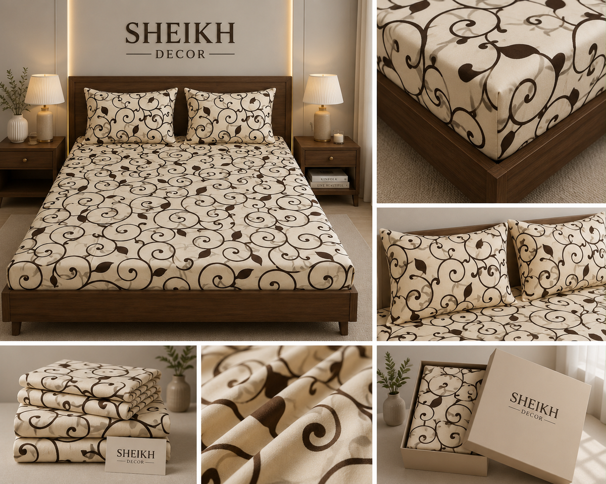 Sheikh Decor Premium Cotton Fitted Bedsheet Set – King Size | Soft & Breathable