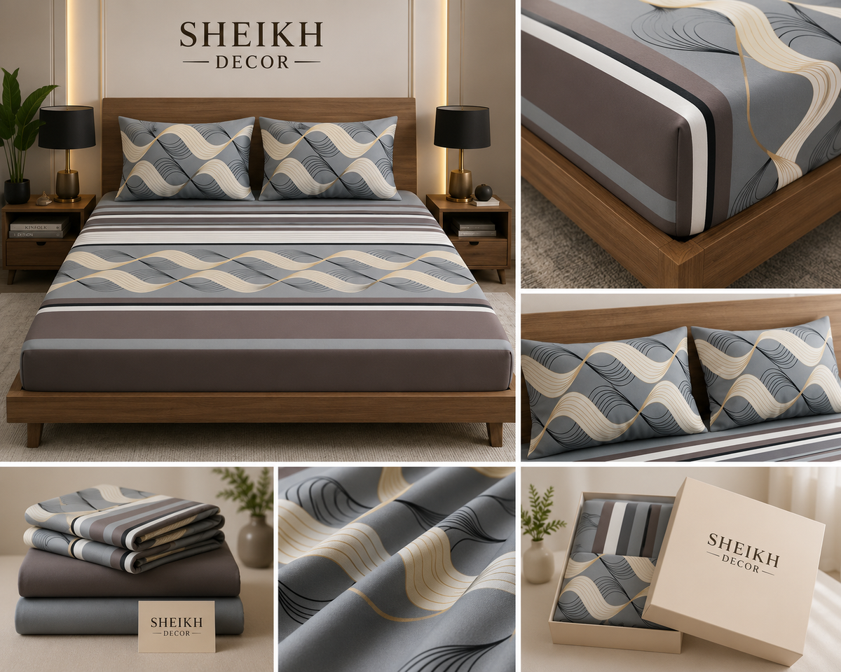 Sheikh Decor Premium Cotton Fitted Bedsheet Set – King Size | Soft & Breathable