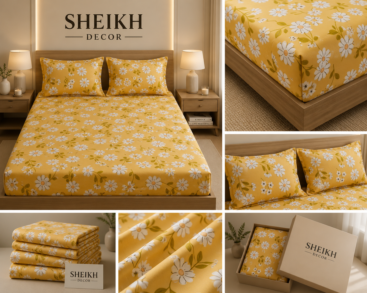 Sheikh Decor Premium Cotton Fitted Bedsheet Set – King Size | Soft & Breathable