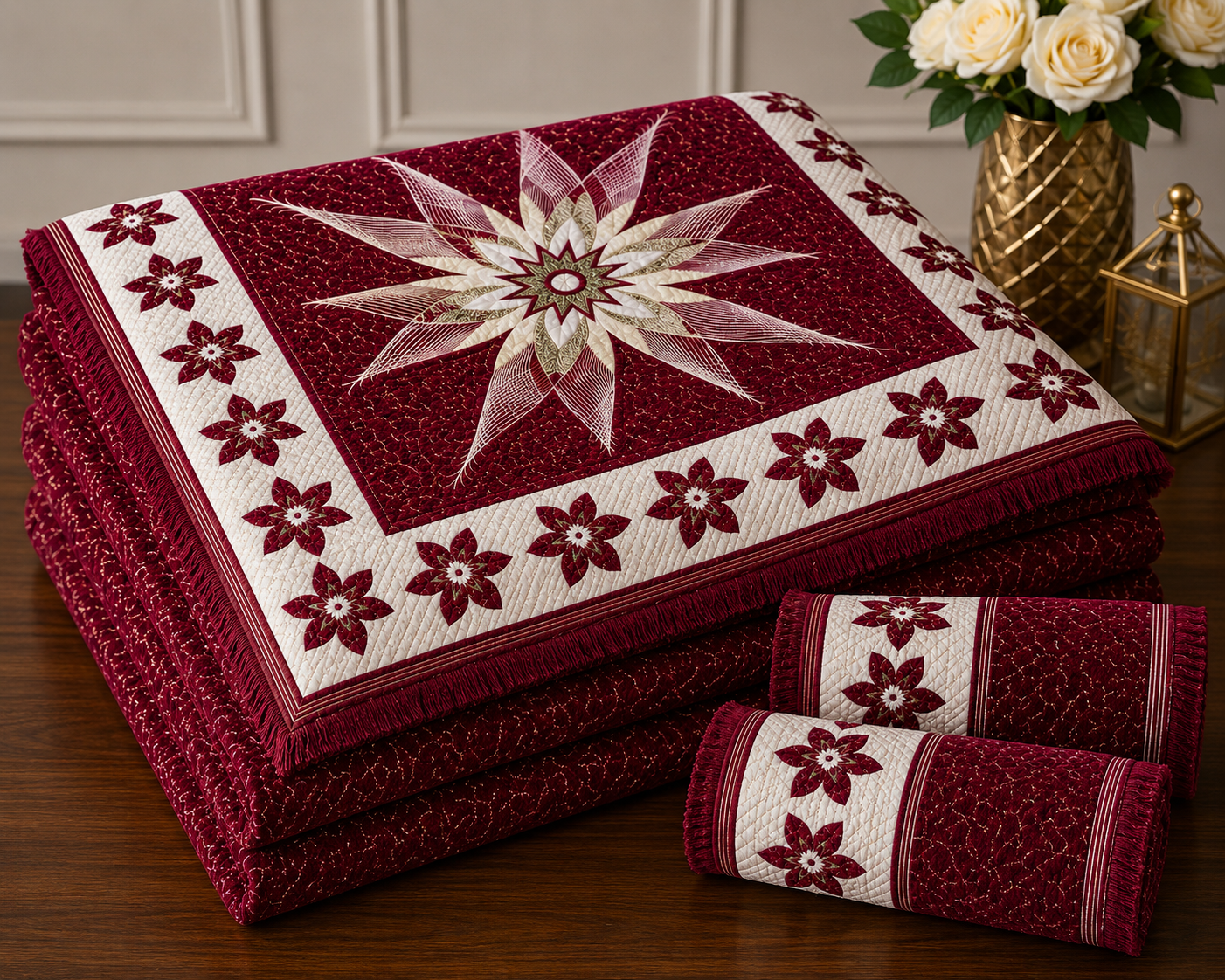 Sheikh Decor Burgundy Blossom Cut Velvet Bridal Bedsheet Set – King Size (4 PCS)