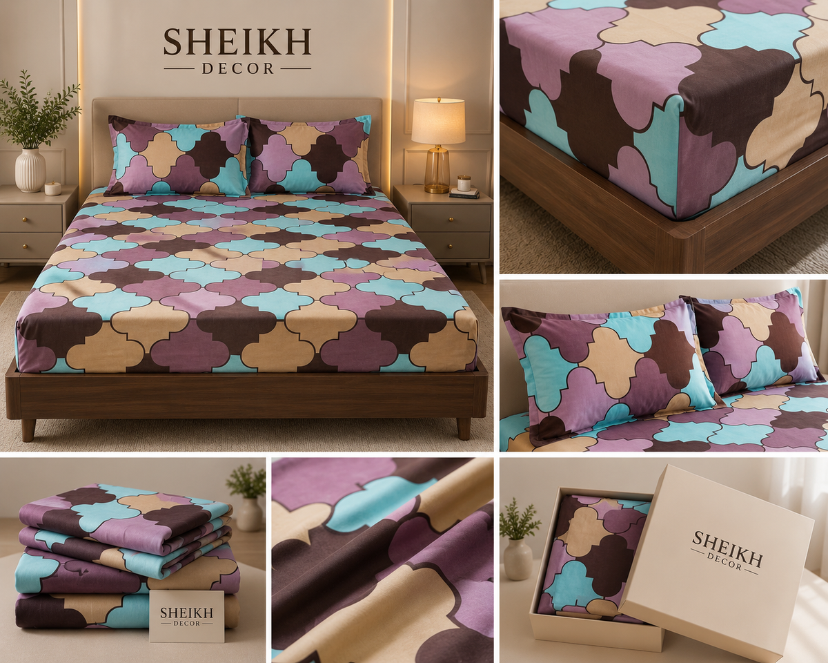 Sheikh Decor Premium Cotton Fitted Bedsheet Set – King Size | Soft & Breathable