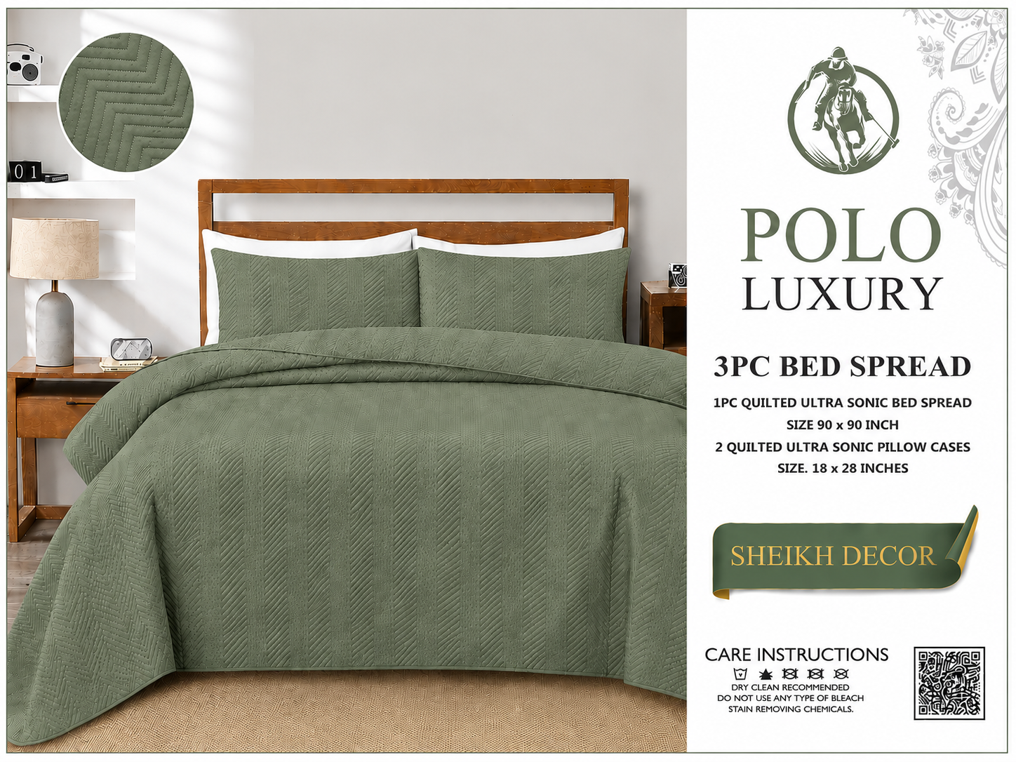 Sheikh Decor Polo Luxury Cotton Quilted Bedspread Set – 3 Piece | King Size (90 × 90 Inches)