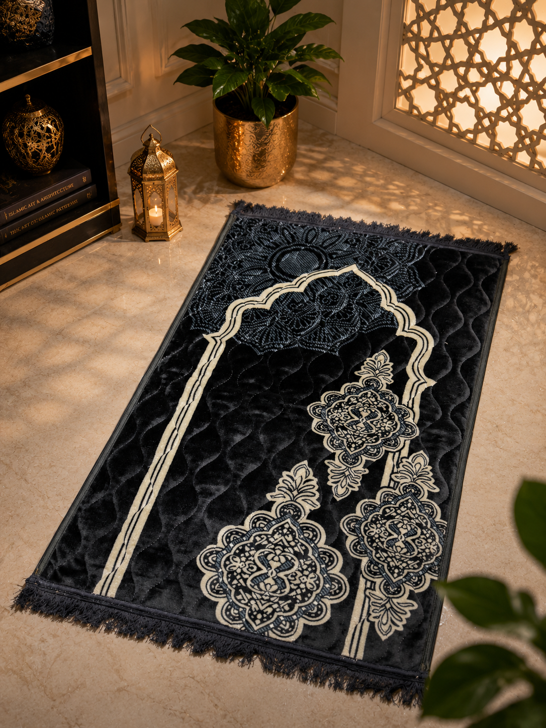 Sheikh Decor Premium Soft Velvet Ja-e-Namaz – Black Royal Edition | King Size Prayer Mat