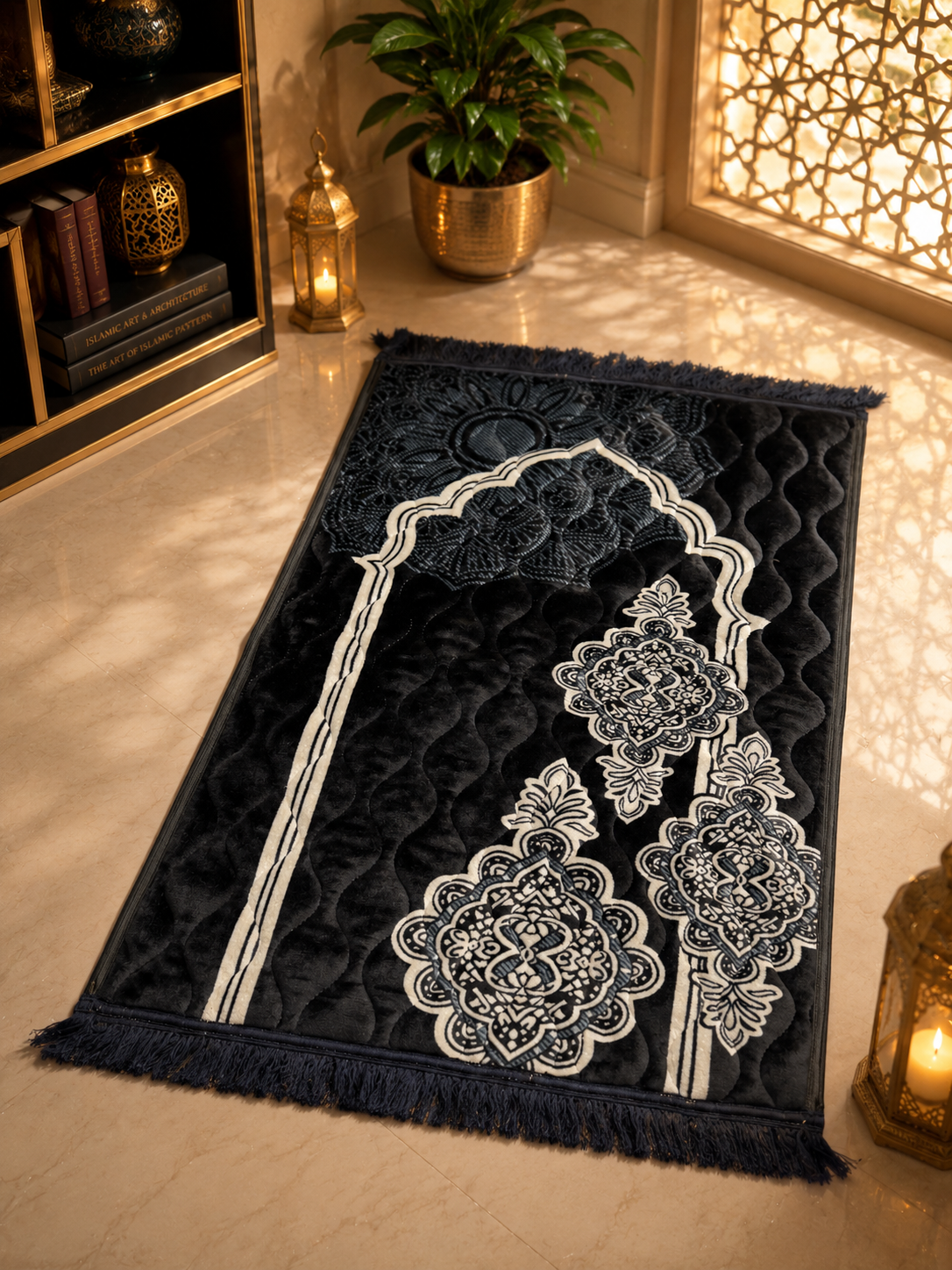 Sheikh Decor Premium Soft Velvet Ja-e-Namaz – Black Royal Edition | King Size Prayer Mat