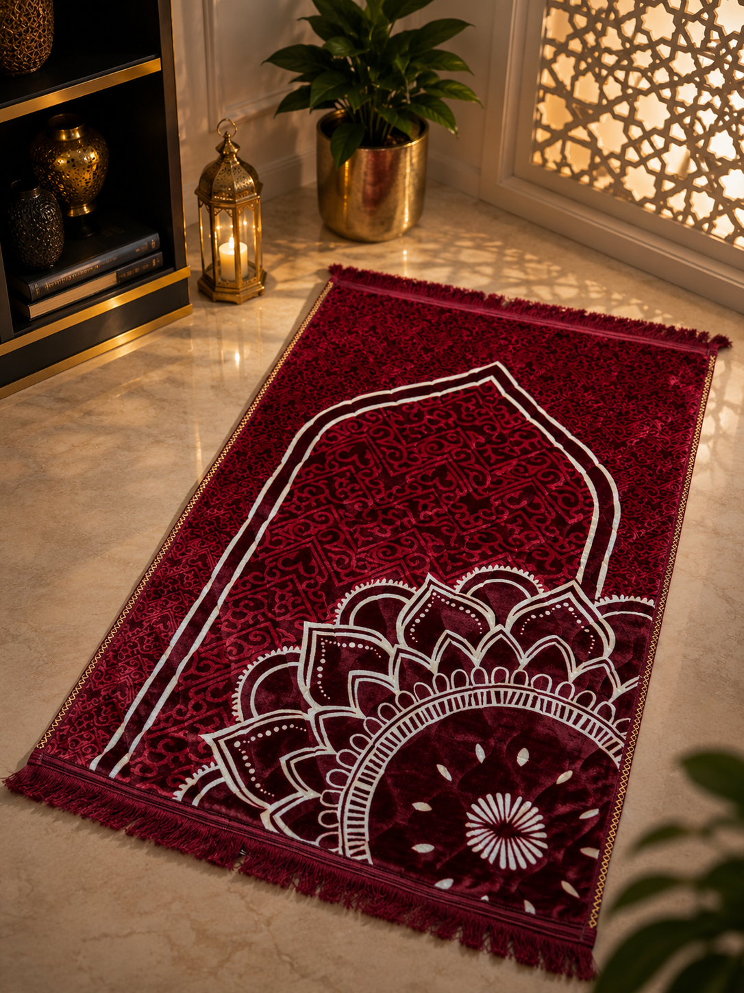 Sheikh Decor Premium Soft Velvet Ja-e-Namaz – Maroon Mandala Edition | King Size Prayer Mat