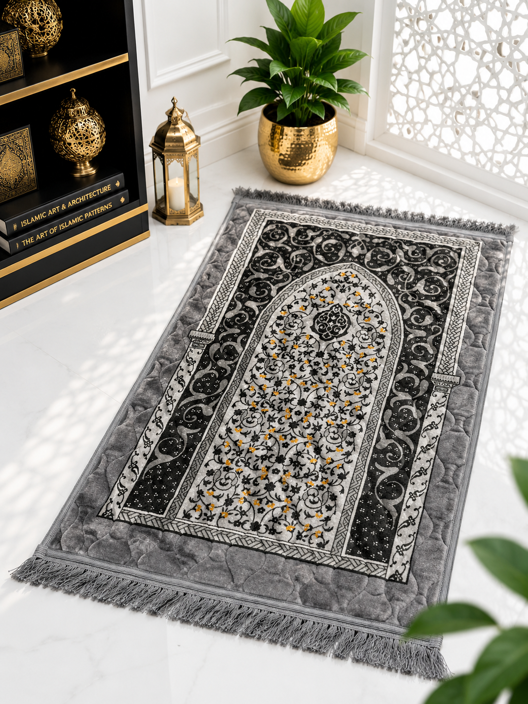 Sheikh Decor Premium Soft Velvet Ja-e-Namaz – Grey Royal Floral Edition | King Size Prayer Mat