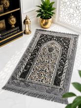 Sheikh Decor Premium Soft Velvet Ja-e-Namaz – Grey Royal Floral Edition | King Size Prayer Mat