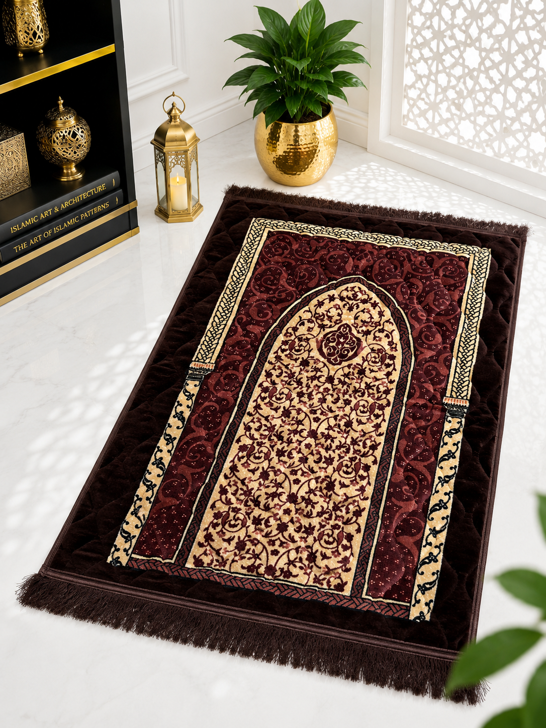 Sheikh Decor Premium Soft Velvet Ja-e-Namaz – Burgundy Royal Floral Edition | King Size Prayer Mat