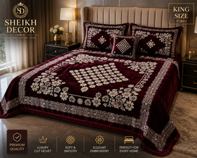 Sheikh Decor Luxury Floral Bridal Bedsheet Set – Premium Cut Velvet | King Size 4 Pcs