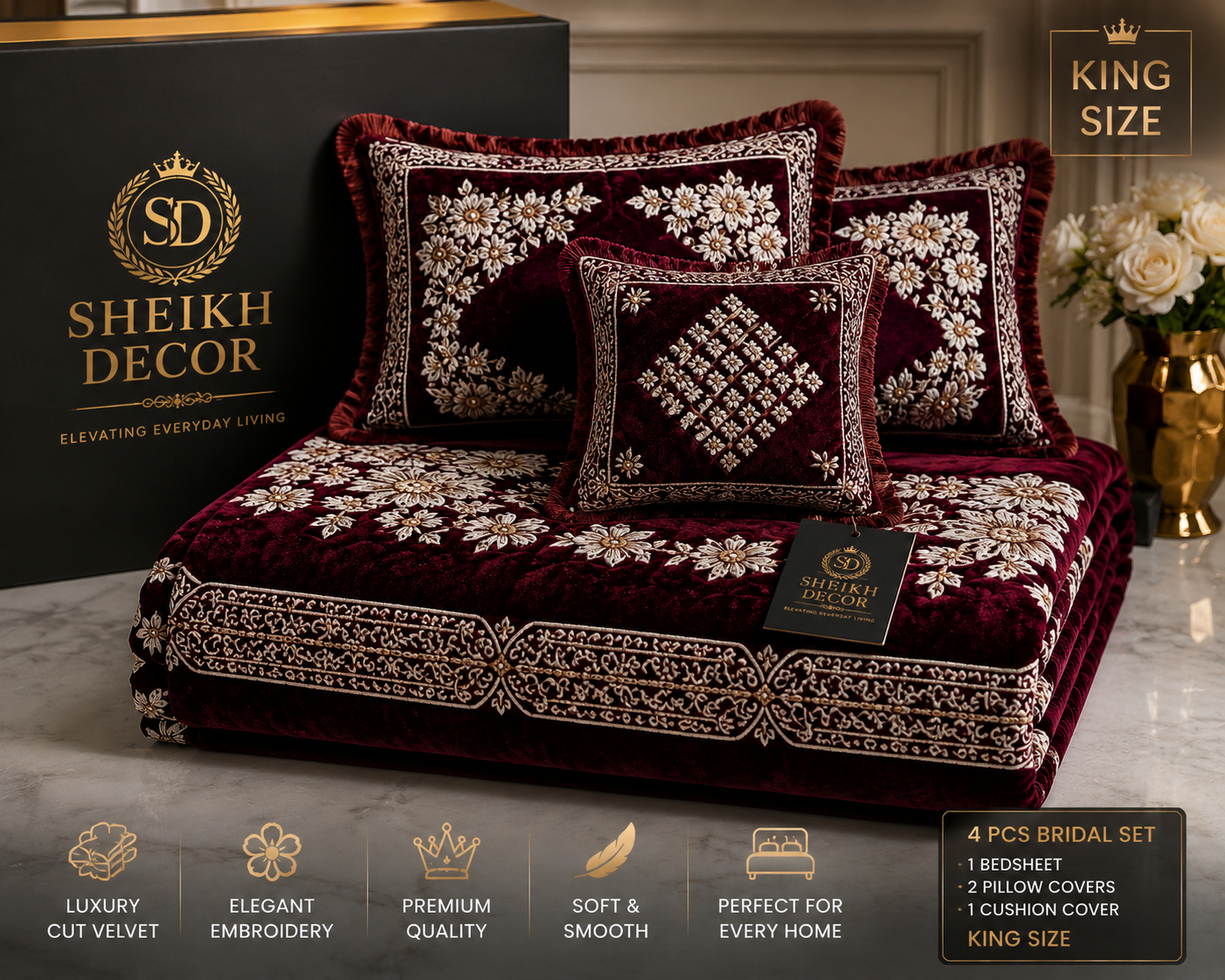 Sheikh Decor Luxury Floral Bridal Bedsheet Set – Premium Cut Velvet | King Size 4 Pcs