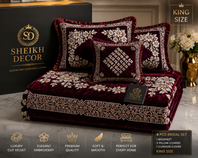 Sheikh Decor Luxury Floral Bridal Bedsheet Set – Premium Cut Velvet | King Size 4 Pcs