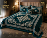 Sheikh Decor Luxury Floral Bridal Bedsheet Set – Teal Premium Cut Velvet | King Size 4 Pcs