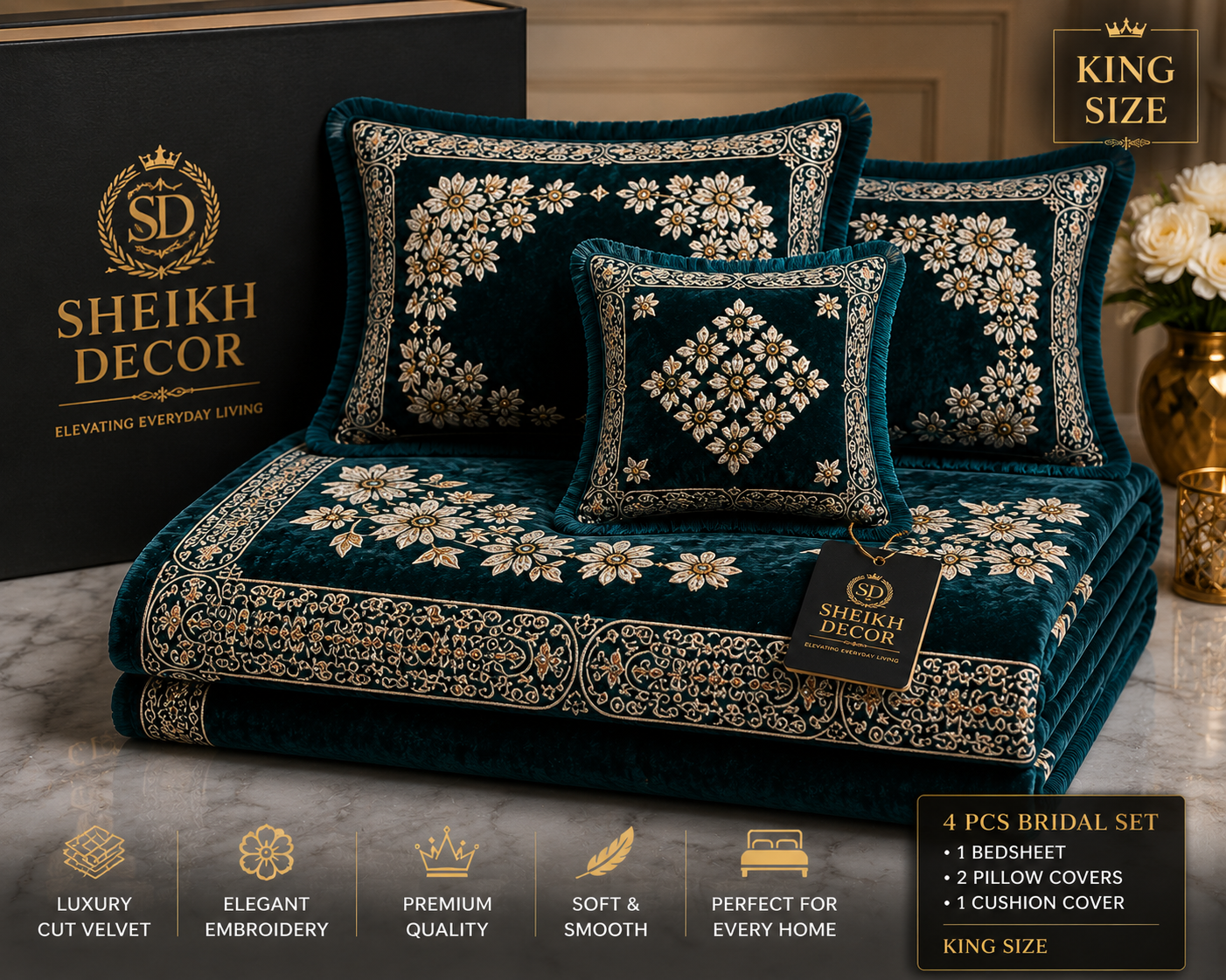 Sheikh Decor Luxury Floral Bridal Bedsheet Set – Teal Premium Cut Velvet | King Size 4 Pcs