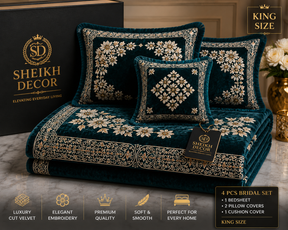 Sheikh Decor Luxury Floral Bridal Bedsheet Set – Teal Premium Cut Velvet | King Size 4 Pcs