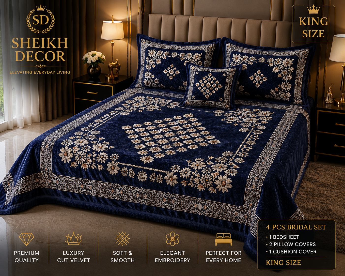 Sheikh Decor Royal Floral Bridal Bedsheet Set – Navy Blue Premium Cut Velvet | King Size 4 Pcs