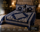 Sheikh Decor Royal Floral Bridal Bedsheet Set – Navy Blue Premium Cut Velvet | King Size 4 Pcs