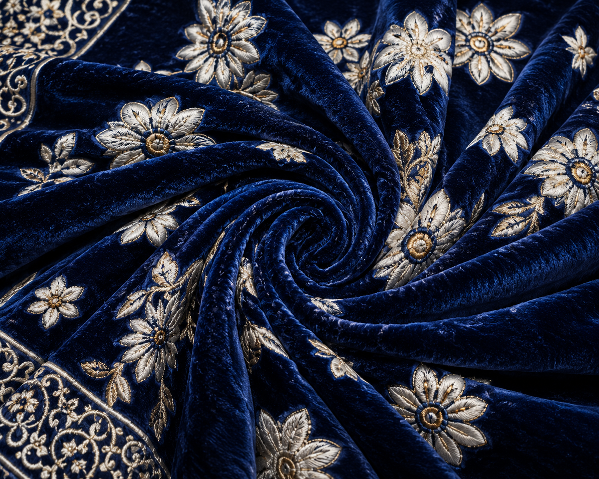 Sheikh Decor Royal Floral Bridal Bedsheet Set – Navy Blue Premium Cut Velvet | King Size 4 Pcs