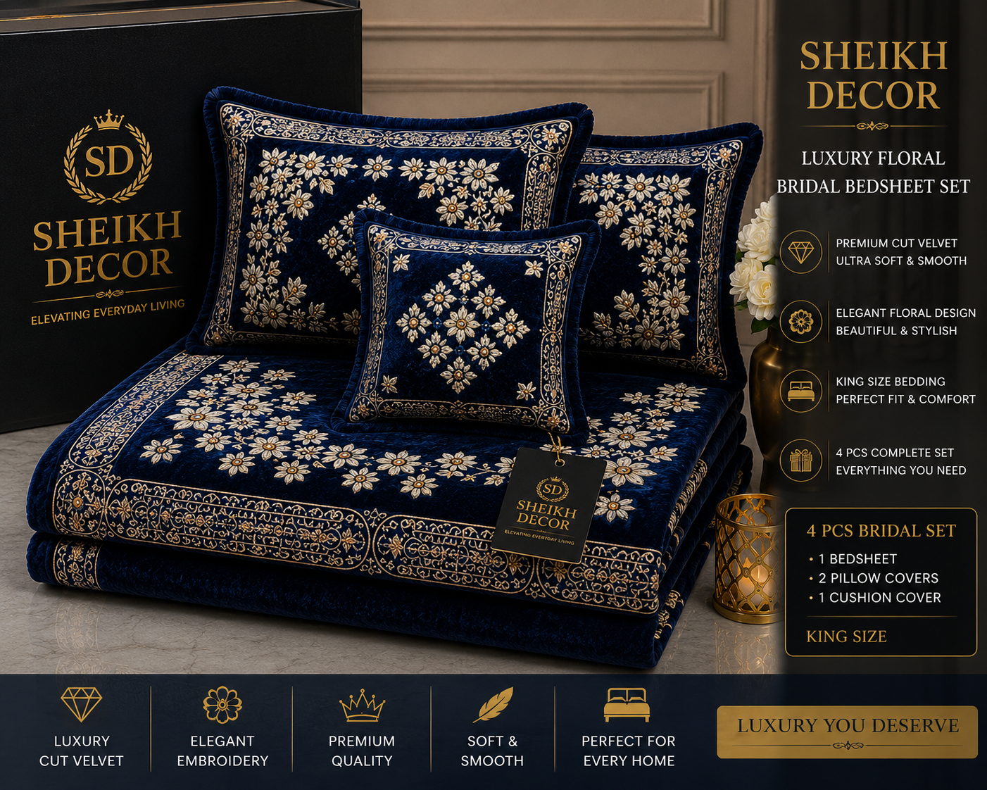 Sheikh Decor Royal Floral Bridal Bedsheet Set – Navy Blue Premium Cut Velvet | King Size 4 Pcs