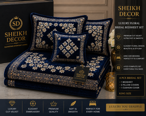 Sheikh Decor Royal Floral Bridal Bedsheet Set – Navy Blue Premium Cut Velvet | King Size 4 Pcs
