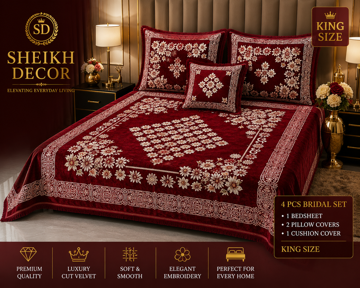 Sheikh Decor Royal Floral Bridal Bedsheet Set – Maroon Premium Cut Velvet | King Size 4 Pcs