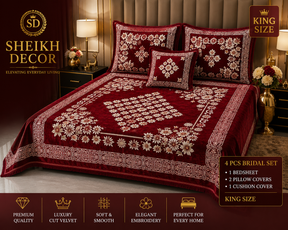 Sheikh Decor Royal Floral Bridal Bedsheet Set – Maroon Premium Cut Velvet | King Size 4 Pcs
