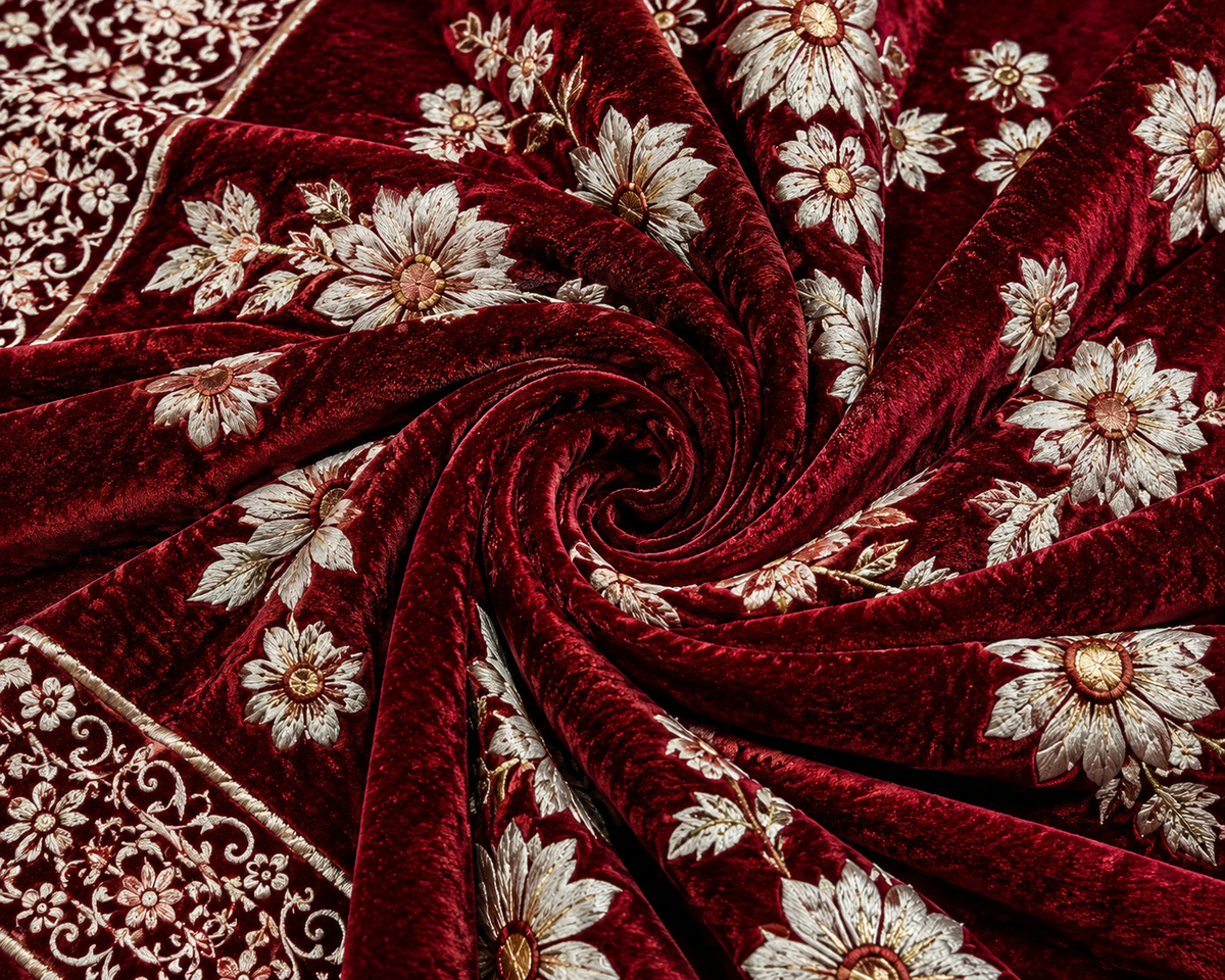 Sheikh Decor Royal Floral Bridal Bedsheet Set – Maroon Premium Cut Velvet | King Size 4 Pcs