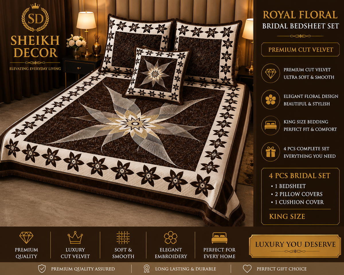 Sheikh Decor Royal Star Floral Cut Velvet Bridal Bedsheet Set – King Size (4 PCS)