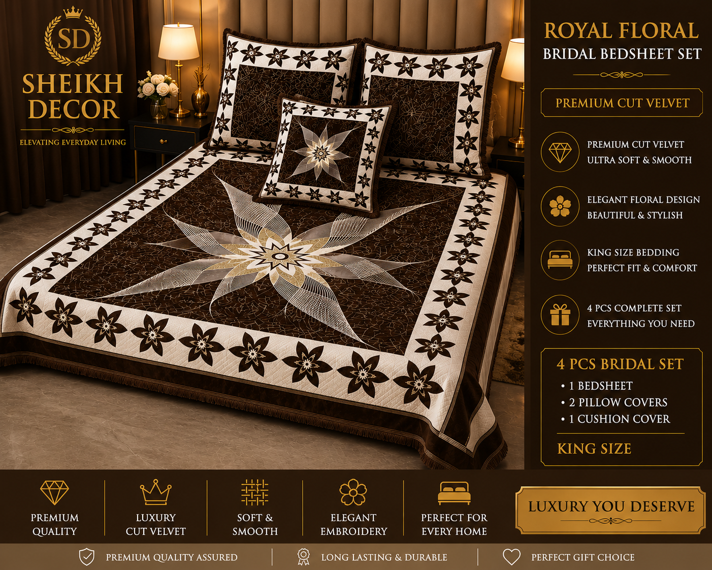 Sheikh Decor Royal Star Floral Cut Velvet Bridal Bedsheet Set – King Size (4 PCS)
