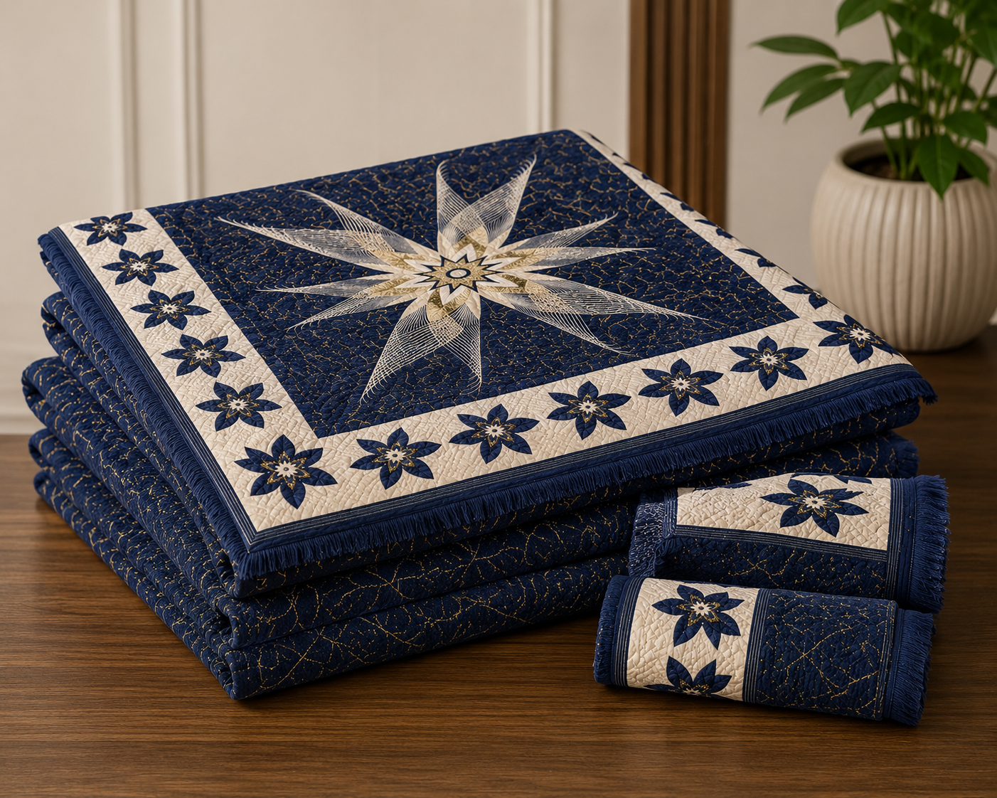 Sheikh Decor Royal Floral Cut Velvet Bridal Bedsheet Set – Navy Blue | King Size | 4 PCS