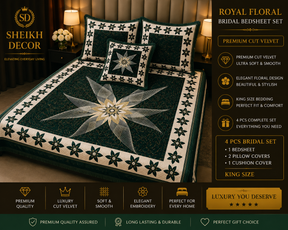 Sheikh Decor Emerald Star Floral Cut Velvet Bridal Bedsheet Set – King Size (4 PCS)