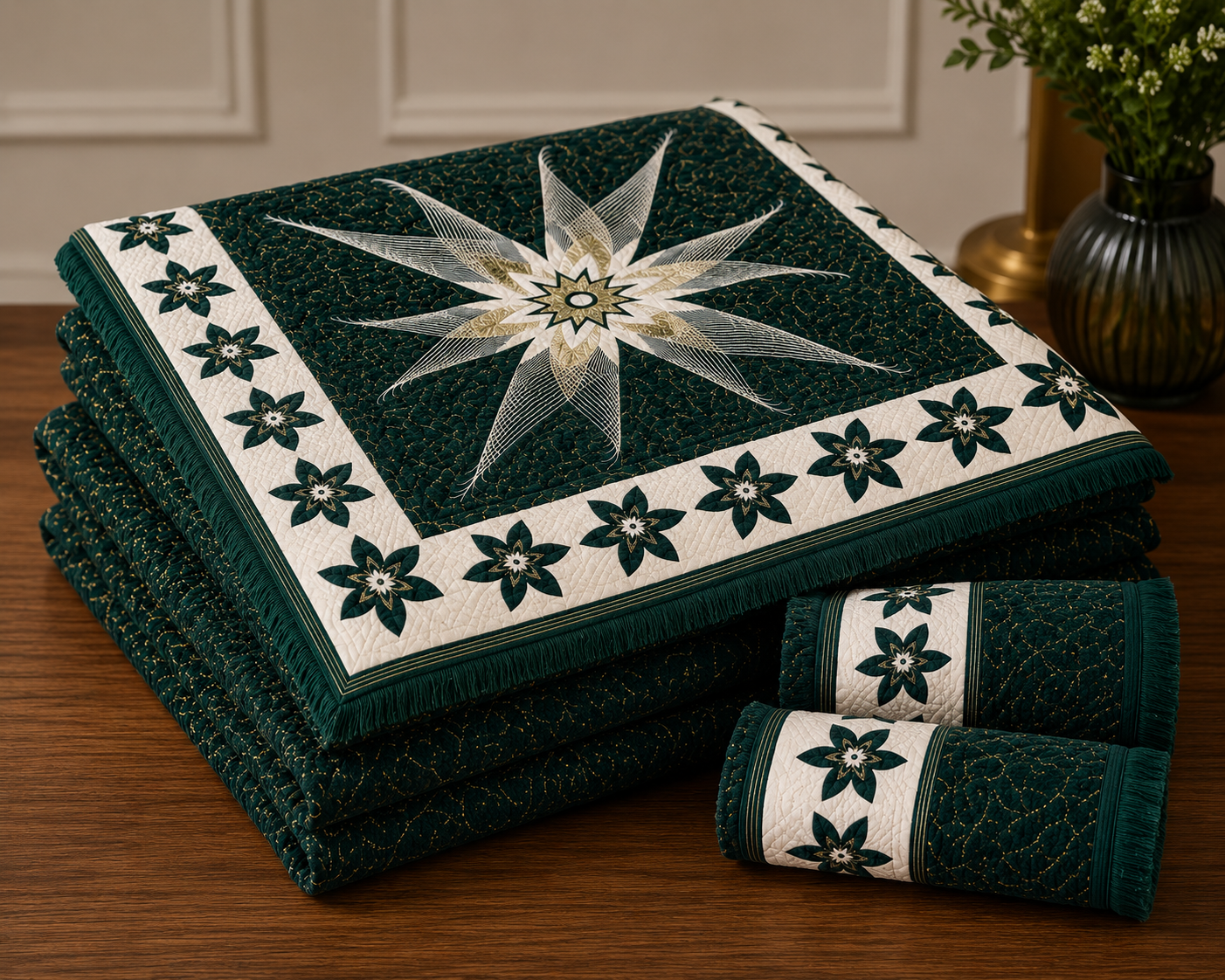 Sheikh Decor Emerald Star Floral Cut Velvet Bridal Bedsheet Set – King Size (4 PCS)