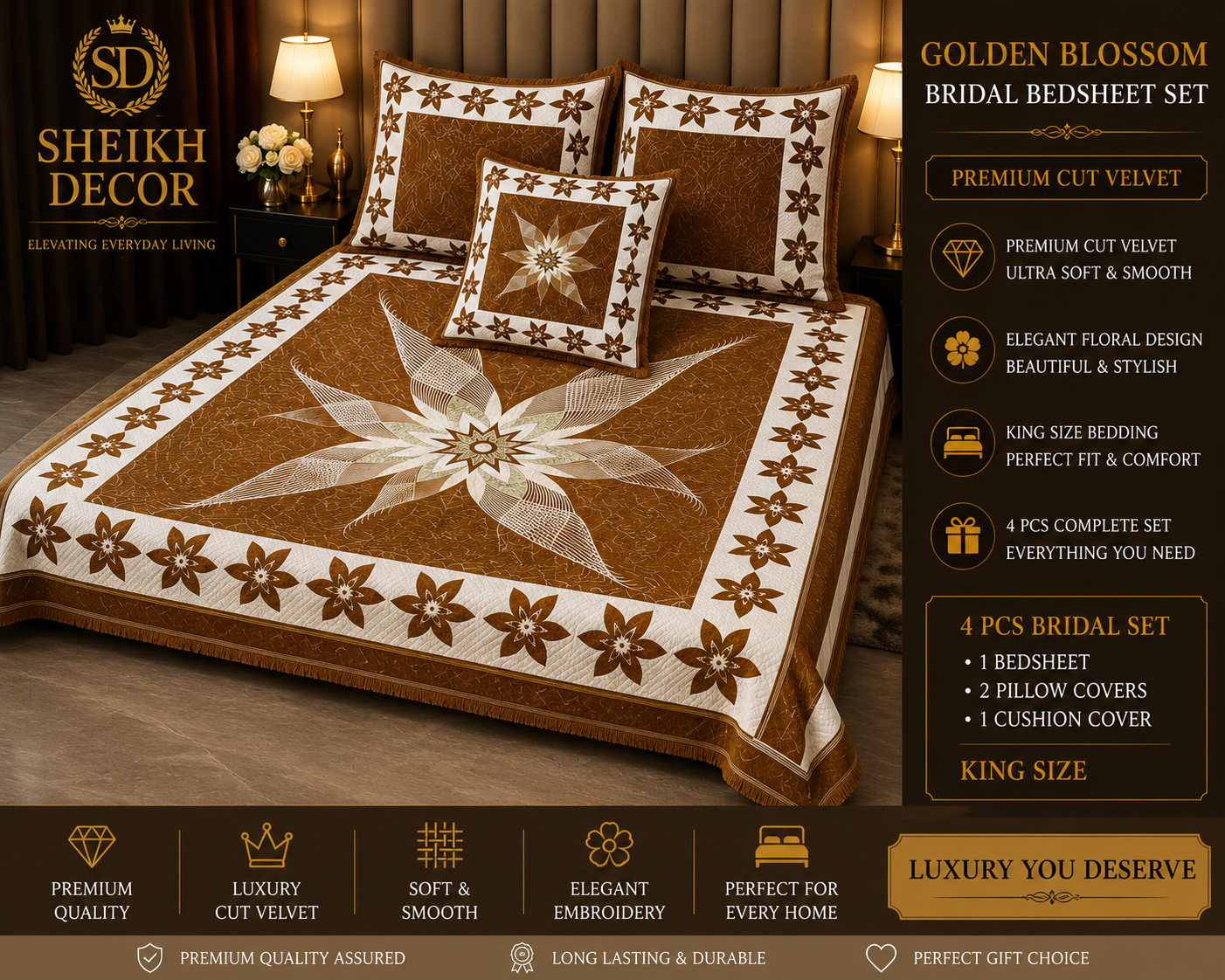 Sheikh Decor Golden Blossom Cut Velvet Bridal Bedsheet Set – King Size (4 PCS)