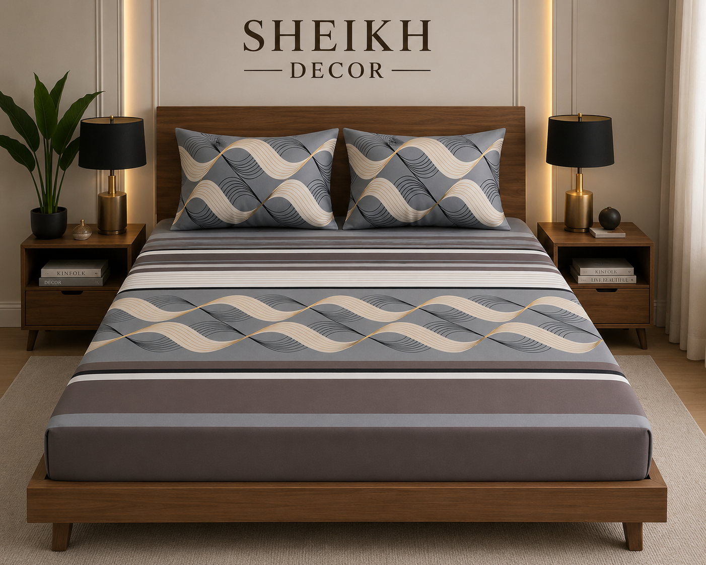 Sheikh Decor Premium Cotton Fitted Bedsheet Set – King Size | Soft & Breathable
