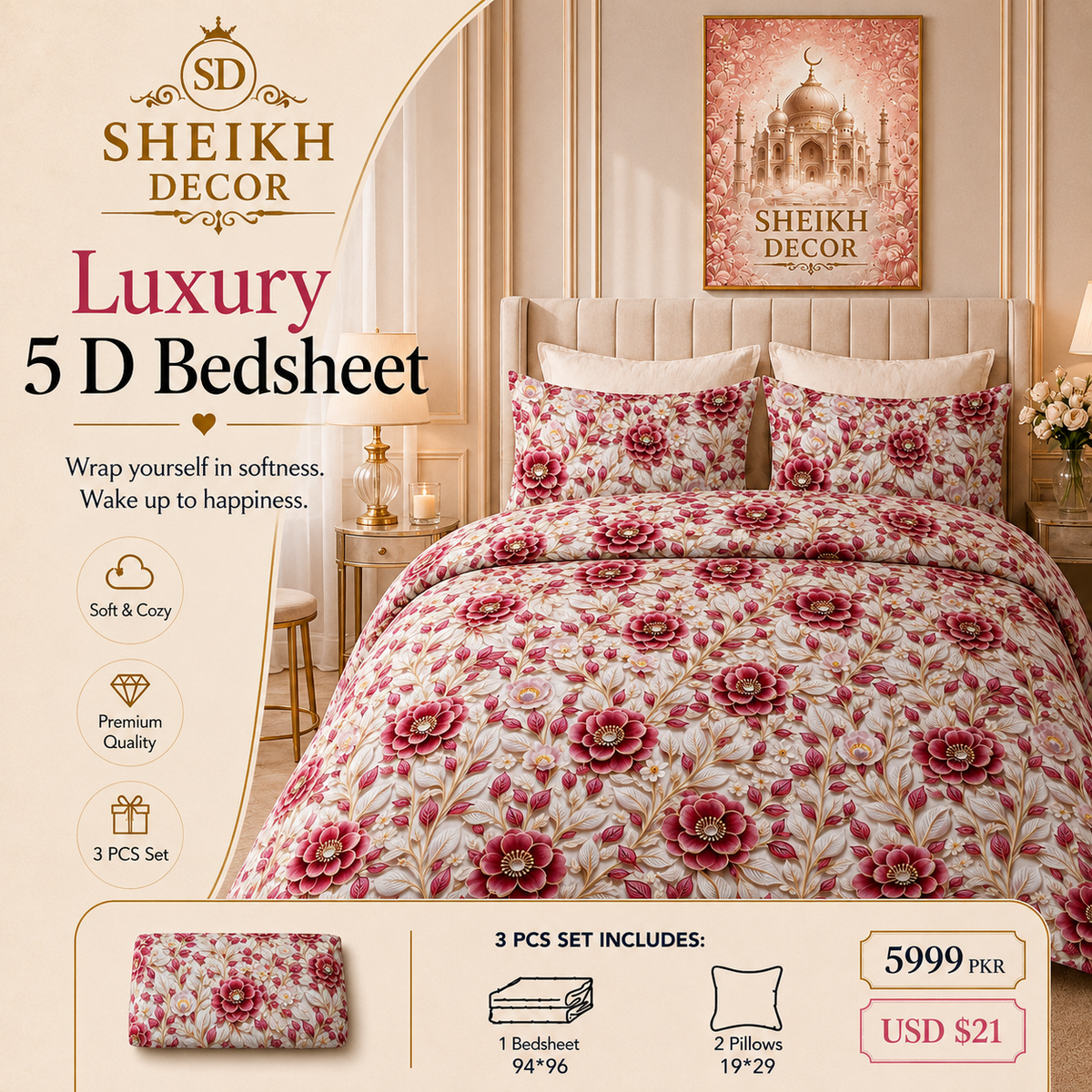 Bedior by SheikhDecor – 5D Digital Bedsheet Set | King Size | 3 Pcs