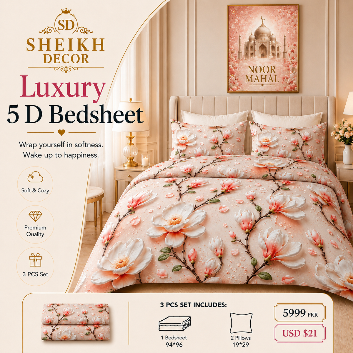 Bedior by SheikhDecor – 5D Digital Bedsheet Set | King Size | 3 Pcs
